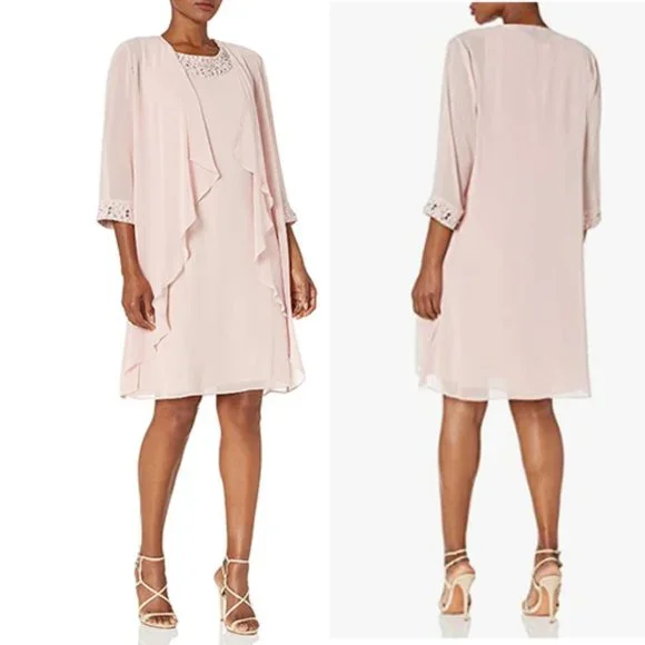 SL Fashions Beaded Neck Jacket Dress - Faded Rose - Size 14
